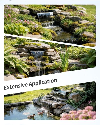 POPOSOAP Pond Waterfall with 42W DC 4600 L/H Pond Pump, 3m Corrugated Tubing, Filter Media, 43 cm Spillway for Large Outdoor Garden Pond Water Features