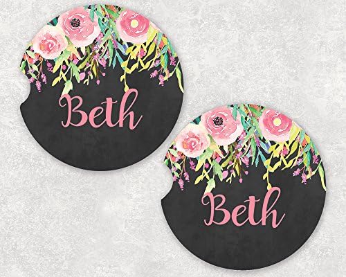 The Navy Knot Monogrammed Car Coasters for Drinks - Absorbent Sandstone - Cute Car Accessories for Women - Fashion Car Absorbing & Non Slip Mug & Cup Holder - Set of 2 (Black Floral Drop)