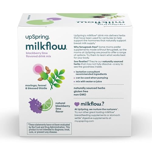 UPSPRING MILKFLOW FENUGREEK-FREE BLACKBERRY LIME DRINK MIX | BREASTFEEDING SUPPLEMENT FOR LACTATION SUPPORT | MORINGA, BLESSED THISTLE, FENNEL, ANISE PROMOTE HEALTHY BREASTMILK SUPPLY | 16 CT
