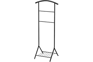 Pilaster Designs Traditional Fairyn Black Metal Cloth, Coat, Suit & Hat Valet Stand Organizer Rack With Storage Shelf