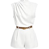 SOLY HUX Women's Summer Ruched Mock Neck Romper Elegant Cap Sleeve Belted Work Short Jumpsuits