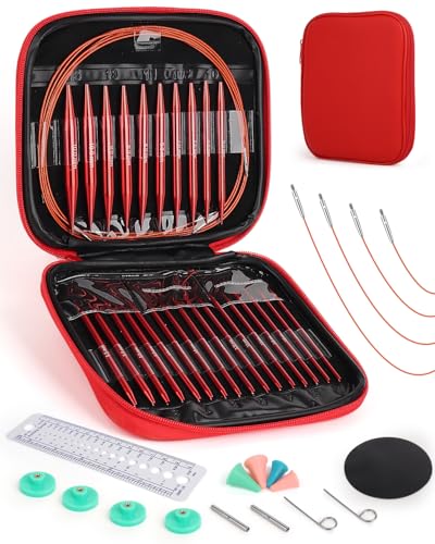Interchangeable Knitting Needle Set with Circular Cable for Crafters, 13 Circular Knitting Needles with 4 Cable, 3-10 mm Aluminum Knitting Needles for Beginner, DIY Crafts, Red Needle Set