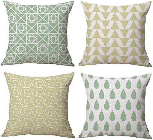 Cool Fresh Summer Style, Green Raindrops, Yellow Triangles, Cotton Linen Burlap Decorative Throw Pillow Covers Set of 4 for Couch, Sofa, Bedroom, Living room, 18x18 Inches, 45cm x 45cm (Light Yellow)