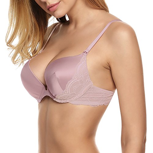 Ekouaer Lace Push Up Bra Womens Padded Stain Demi Underwire Bra 32A-38DD Purple Pink