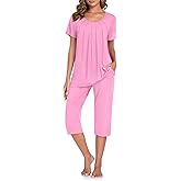TAOHUADAO Women's Pajamas Set with 2 Pockets Capri Pants with Short Sleeve Top Ladies Sleepwear
