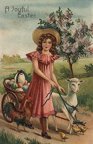 A Joyful Easter - Girl Walking Lamb, Chick, and Rooster -