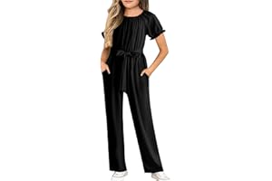 Cudtum Girls Jumpsuit Kids Fashion Short Sleeve Round Neck Belted Wide Leg Romper One Piece Outfits for 5-14 Years