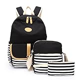 School Backpack, Aiduy Student Canvas Bookbag Lightweight Laptop Bag with Shoulder Bags and Pen Case for Teen Boys and Girls (Black, 3pcs)
