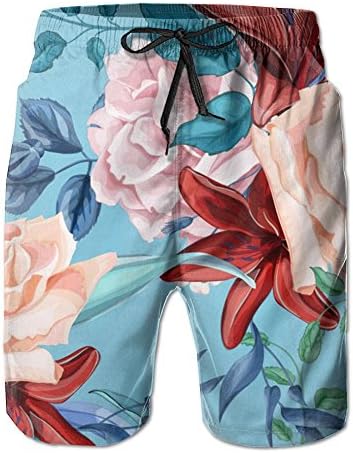 Mens Rose Lily Bouquet Summer Beach Shorts Quick-Drying Swim Trunks Pants Bathing Shorts