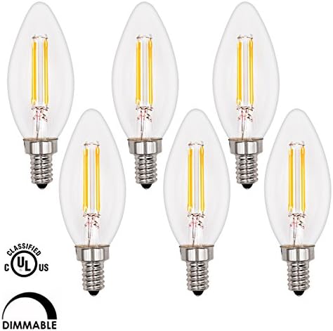 Supmart 4W Filament Led Candelabra Bulb, Dimmable 5000K Daylight, 350 Lumen UL Listed, E12 Led light lamp Candles Torpedo Shape, 35W Incandescent Bulbs Equivalent Chandelier Bulb , Pack of 6