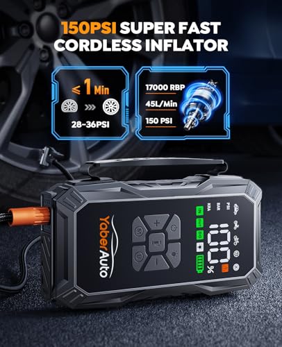 YaberAuto 10-in-1 Jump Starter with Air Compressor 6000A 150PSI Car Battery Jump Starter (All Gas/10L Diesel) 12V Jump Box Car Battery Jumper Starter Portable Jumper Cables, 150W DC, Gloves, Lights
