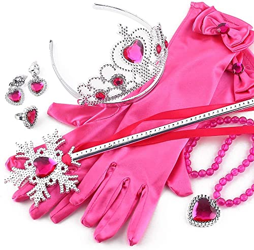 Shindel Red Princess Dress Up Accessories, 6PCS Princess Dress Up Childrens Crown Magic Wand Gloves Necklace Earring Set