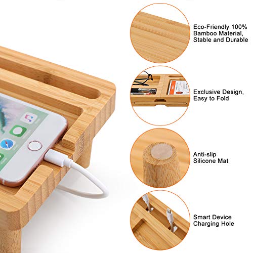 Bamboo Desk Organizer Tray for Saving Space, Office Desktop Small Objects Storage Holder Hide Keyboard Wood Shelf for Phone, Tablet, Glasses, Pen, and More Accessories