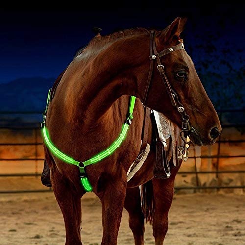 Flytianmy Adjustable LED Horse Breastplate Collar Reflective Horse Tack Sturdy Comfortable Equestrian Protective Safety Gear Green