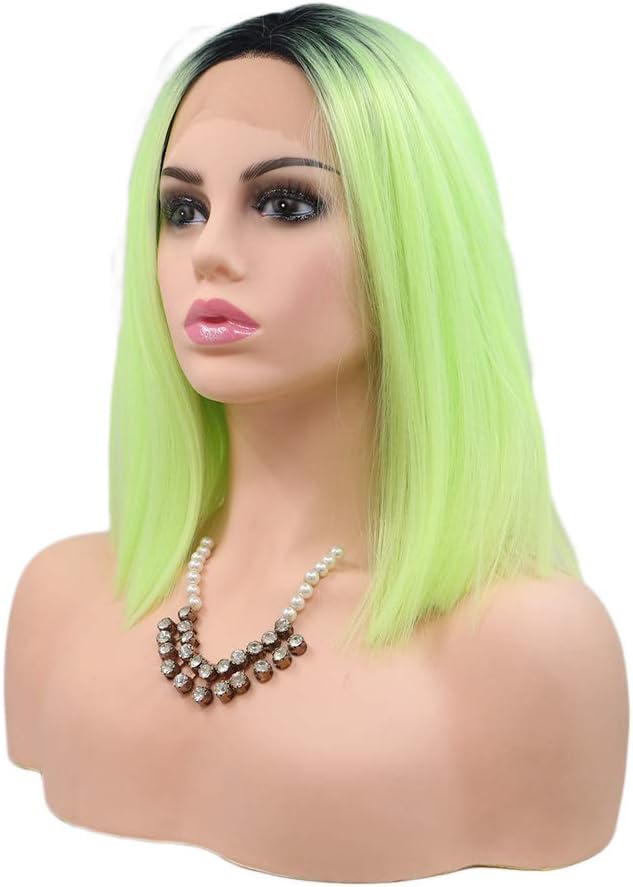 Neon Green Real Hair Lace Bob Wig Short Wigs for Black Women Black Root Fluorescence Green Ombre Wigs Hd Frontal Glueless Synthetic Lace Front Wig Short Drag Cosplay Daily 14Inch - Image 5