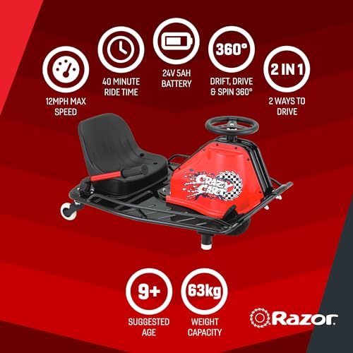 Razor Crazy Cart - 24V Electric Drifting Go Kart - Variable Speed, Up to 12 mph, Drift Bar for Controlled Drifts, Black/Red