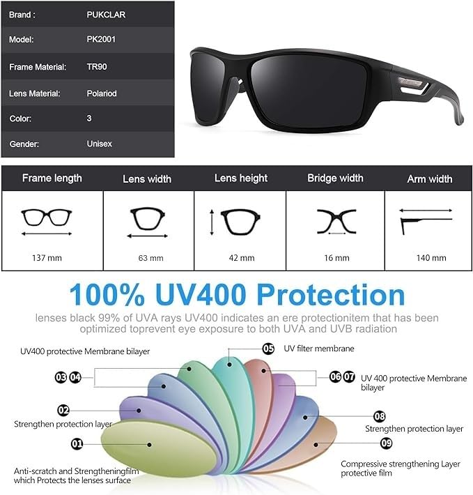 PUKCLAR Polarised Sports Sunglasses for Men Women - Lightweight TR90 Frame, UV400 Protection, Spring Hinges for Driving Cycling Running