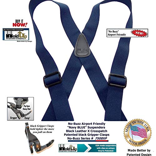 Holdup Dark Blue No-Buzz X-back Suspender with patented composite plastic Gripper Clasps