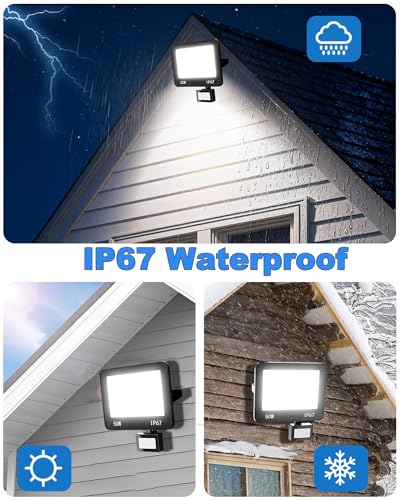 HAPYLUMI Focos LED Exterior con Sensor de Movimiento - 50W 5000LM Proyector LED Exterior 6500K Bianco Frío, Floodlight Iluminación IP67 para Casa, Garaje, Patio, Camino, Jardín