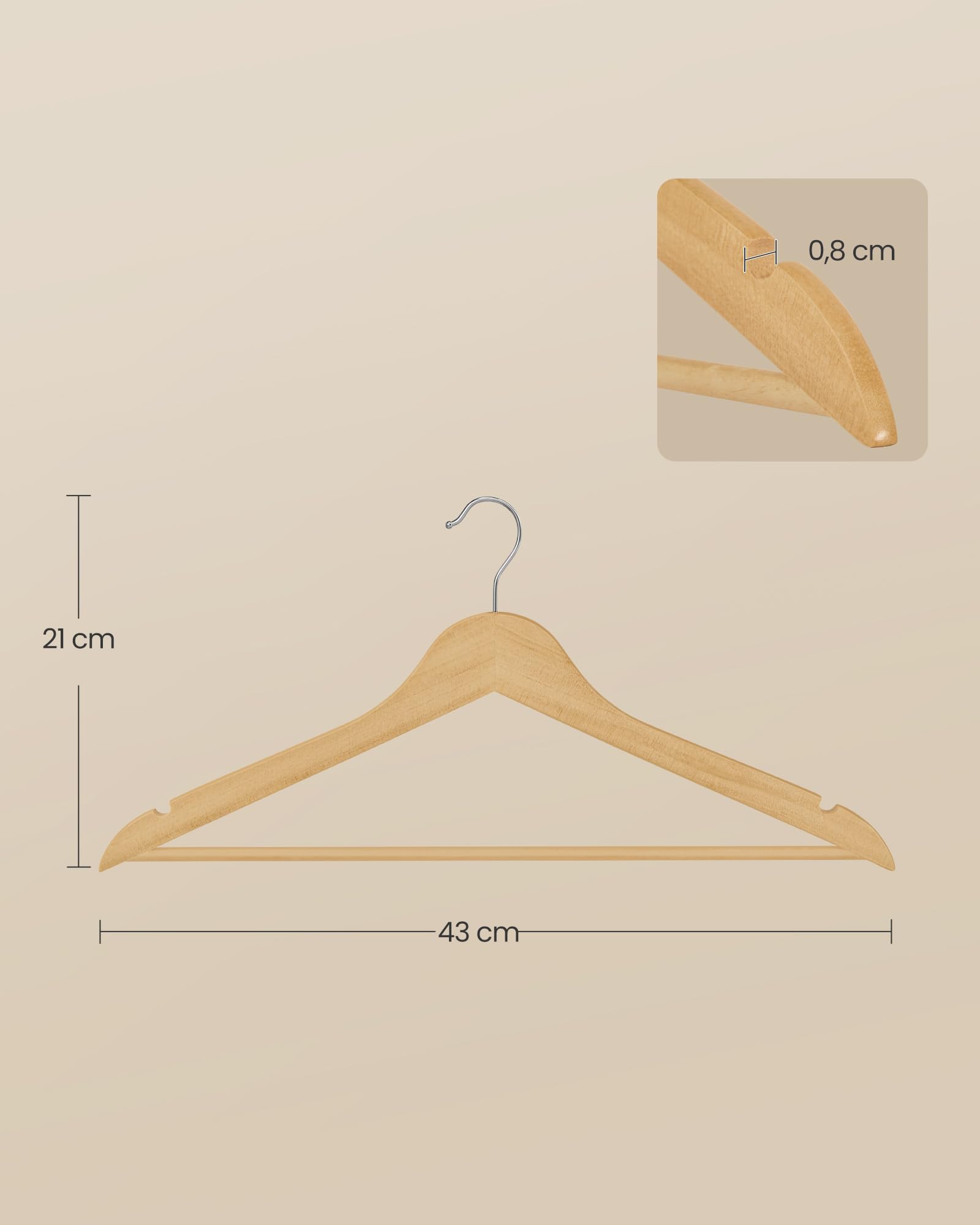 SONGMICS Kleiderbügel Holz, 30er Set, Holzbügel schlank, Bügel, platzsparend, Hosenbügel, 360° drehbarer Haken, Birkenholz, für Träger und Jacken, naturfarben CRW030K01 5