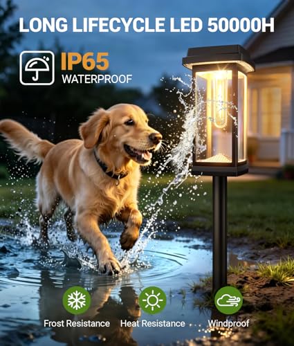 RECHOO Solar Lights for Outdoor Garden Pack of 4, 3000 K Warm White Solar Lights Garden with Metal Ground Spikes & 2 Light Modes, IP65 Waterproof Solar Lights for Outdoors, Garden Decoration, Yard