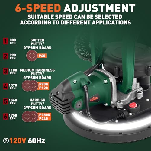 KUIMIT Drywall Sander, 850W Electric Sander with 12 Pcs Sanding Discs, 6 Variable Speed 800-1750 RPM Wall Sander with Extendable Handle, LED Light, Long Dust Hose, Storage Bag