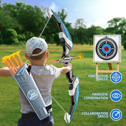 2 Pack Set Bow and Arrow Archery Toy for Kids, LED Light Up with 20 Suction Cup Arrows Target & Quiver, Outdoor Toys - Improve Fine Motor Skills, Hand-eye Coordination and Collaboration Abilities