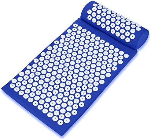 Acupressure Mat and Pillow Set with Carry Bag Acupuncture Pad for Back or Neck Sciatic Pain Linen Cotton Massage Mat for Stress Relief Blue/Purple (Blue)