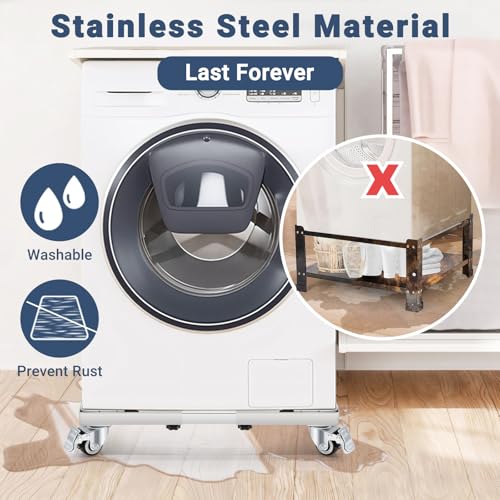 W B D WEIBIDA Stainless Steel for Heavy Duty Washing Machine Base Adjustable Tumble Dryer 54-72 cm, Capacity 300 kg Washing Machine Rustproof with 4 Lockable Wheels, Universal Washing Machine Holder