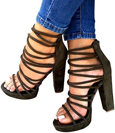 Huiyzuhi Womens Bandage Peep Toe Bohemian High Heels Chunky Sandals (6 B(M) US, Army Green)