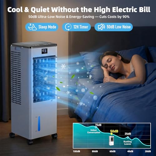 Portable Air Conditioners, 8L Evaporative Air Cooler with Remote and LED Display, 60W Energy-Efficient, 3 Speeds & 4 Modes, 12H Timer, 120°Oscillation, Portable AC Units for Rooms Bedroom Home Office