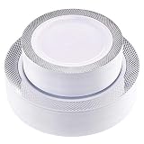 60PCS Heavyweight White with Silver Rim Wedding Party Plastic Plates,Disposable Plastic Plates,30-10.25inch Dinner Plates and 30-7.5inch Salad Plates -WDF (White/Silver Diamond)