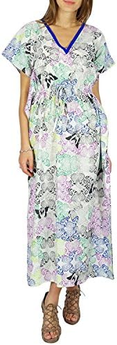 Hihihappy Trendy Bohemian Cotton Caftan Dress Butterfly Printed Kaftan Maxi Nightwear Off White and Purple20 Plus