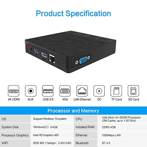 Beelink BT4 Mini PC Intel Atom Z8500 Windows 10 Mini Computer, 4GB DDR3L 64GB eMMC,Support 4K HD 30Hz,2.4/5G WiFi AC,Gigabit Ethernet, BT 4.0 (Beelink BT4 4GB/64GB)