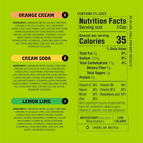 POPWELL CAFFEINATED VARIETY PACK BETTER-FOR-YOU PREBIOTIC SODA, WITH 6G FIBER, 1G SUGAR, VITAMINS AND IMMUNITY SUPPORT, 12 FL OZ, 12 COUNT (ORANGE CREAM, LEMON LIME, CREAM SODA)