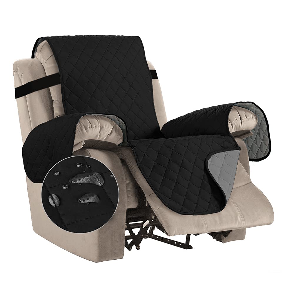 Bestenrose Waterproof Recliner Chair Covers for Armchairs Recliner Covers with Adjustable Elastic Straps Washable Quilted Sofa Slipcovers Sofa Protectors for Kids and Pets (Recliner, Black)