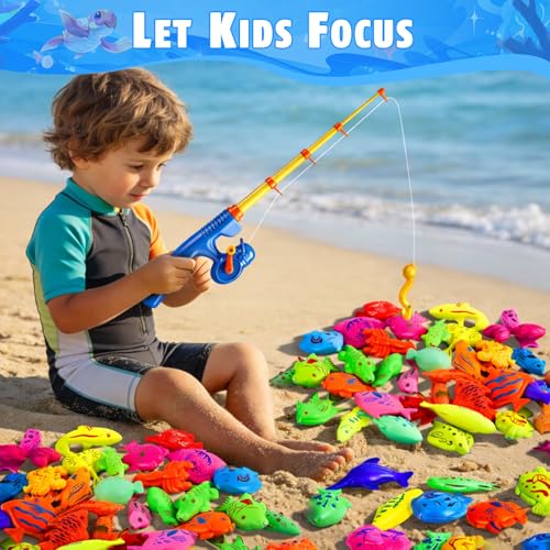 Magnetic Fishing Toys Game Set for Kids for Bathtime or Pool Party with Pole Rod Net, Plastic Floating Fish - Toddler Education Teaching and Learning of All Size Colors Ocean Sea Animals