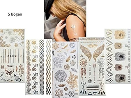 5 Bögen Metallic Tattoo Flash Tattoo Aufkleber Einmal Tattoo Gold und Silber Schmuck Tattoos Viele Schöne Motive