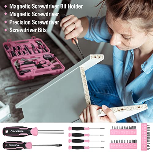 WORKPRO 52-Piece Pink Tools Set for Women, Household Lady Tool Kit with Storage Toolbox, Basic Tool Set for Home, Garage, Apartment, Dorm, New House, Back to School, and as a Gift