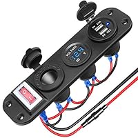 Electop Dual USB Charger Socket 2.1A & 2.1A with Power Indicator+LED Voltmeter+12V Power Outlet Cigarette Lighter Socket Adapters+ ON-Off Toggle Switch Panel Jack for Car Boat Marine RV Truck(Blue)