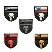 SpaceCar 3D PVC Rubber Shield Shape American Flag w/Police Thin Blue Line Law Enforcement Skull Military Army Tactical Morale Badge Subdued Patches 3.35" x 3.74" Sized - Bundle 5 Pieces