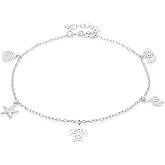 Vanbelle Sterling Silver Jewelry - Rhodium Plated 925 Stamp - Multi-Charm Sea-Theme Anklet - Stylish Beautifully Designed for Women - 9" Long + 1" Extender