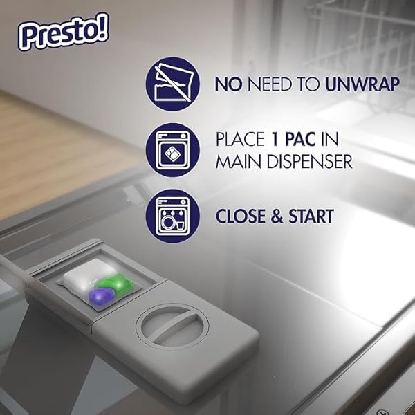 AMAZON BRAND – PRESTO! TRIPLE ACTION DISHWASHER PACS, ANTI-SPOTTING, FRESH SCENT, NO PHOSPHATES OR CHLORINE, 70 COUNT