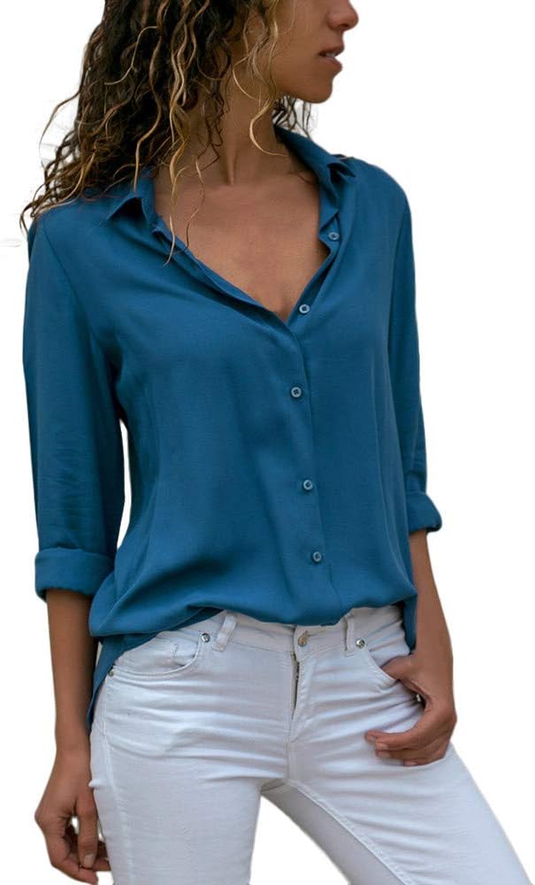 Aniywn Women Casual Chiffon Long/Short Sleeve Shirt Tops Stand Collar Office Lady Formal Loose Blouse
