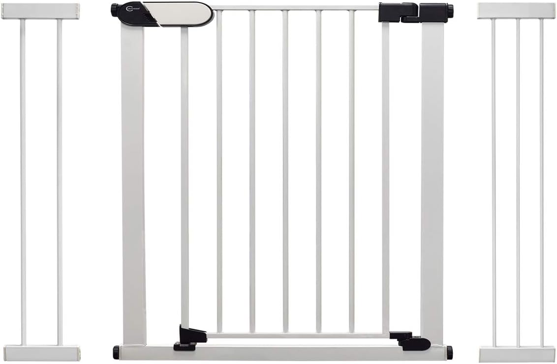Callowesse® Kemble Pressure Fit Safety Gate, White, 96-117cm with Included 14 & 21cm Extensions. Suitable as Baby Gate & Pet Gate, Red/Green Safety Locking Indicators.