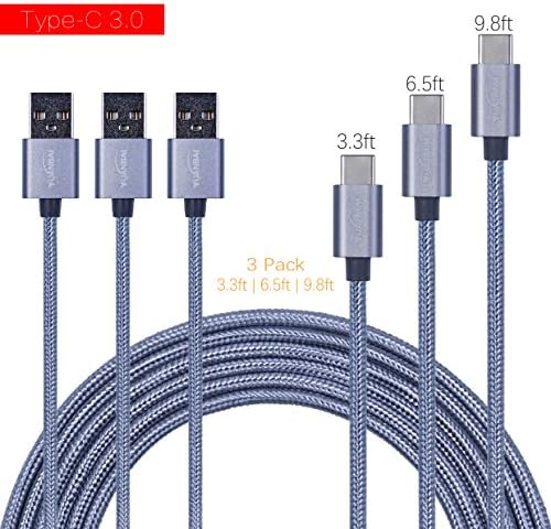 YUANBAI 3 Pack Type-C 2.0 USB Cable(3.3ft/6.6ft/9.9ft)Fast Charger Nylon Braided Cord for Samsung Galaxy Note 8 S8 S8 Plus, LG G6 G5 V20, Sony XZ, HTC 10, Nexus 5X/6P, Nintendo Switch, MacBook