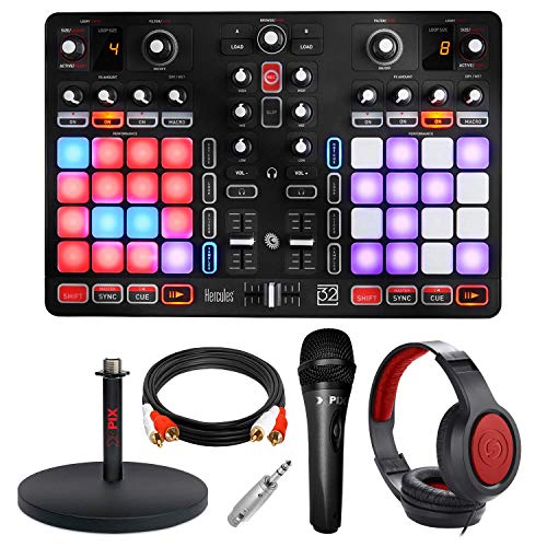 Hercules P32 DJ Controller with High-Performance Pads + Headphones + Basic Accessory Bundle