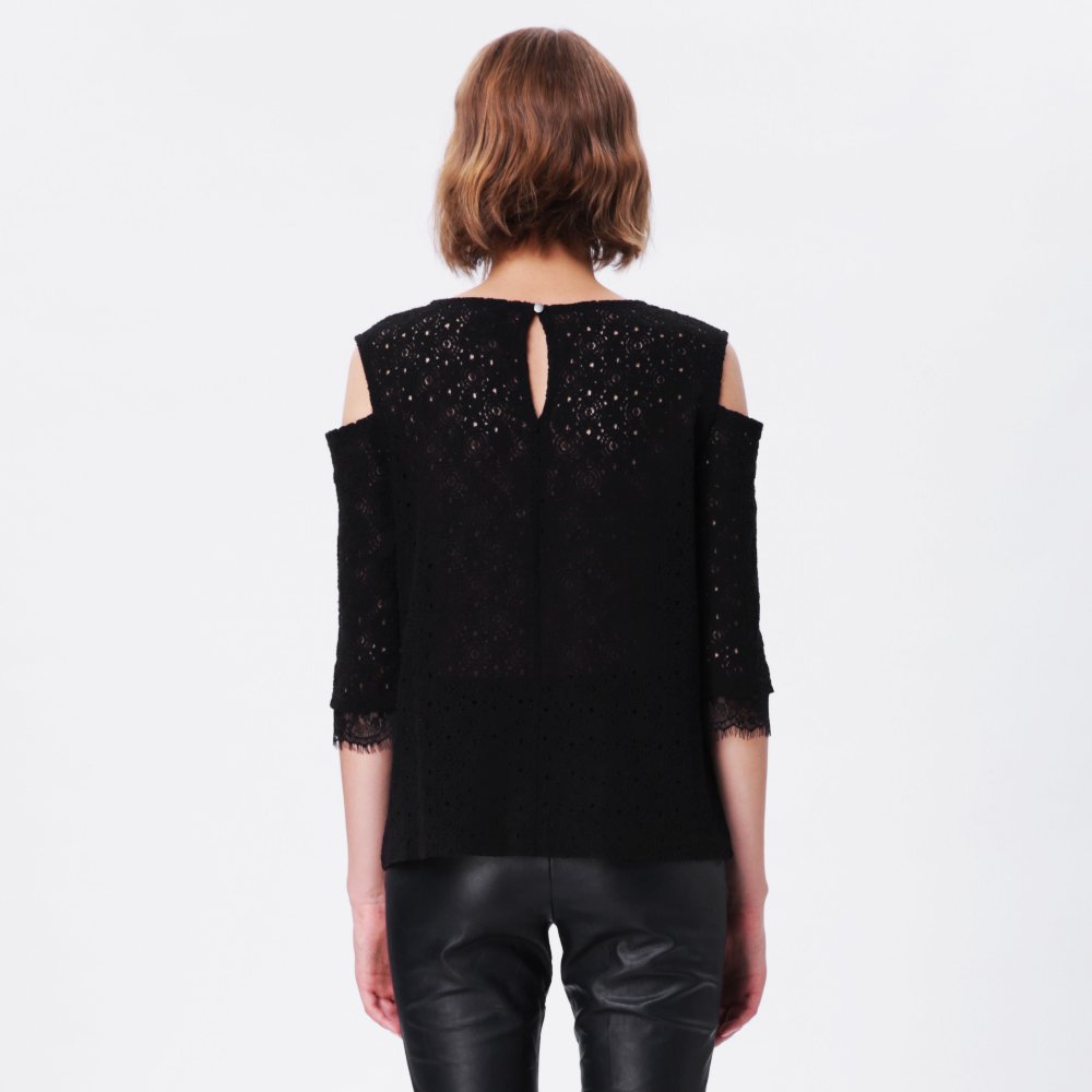 Women Elegant Hollow Out T Shirt Cold Shoulder Loose White Lace Crochet Blouse Tops (38, black)