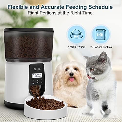 Automatic Cat Feeder, Arspic 4L Auto Pet Cat Food Dispenser with Programmable Timer feeder and Portion Control Automatic Dry Food Feeder for Small & Medium Cats Dog with Desiccant Bag & Voice Recorder