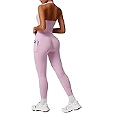 RXRXCOCO Open Back Workout Sets for Women 2 Piece Halter Tank Tops Hidden Scrunch Leggings Matching Set with Pockets